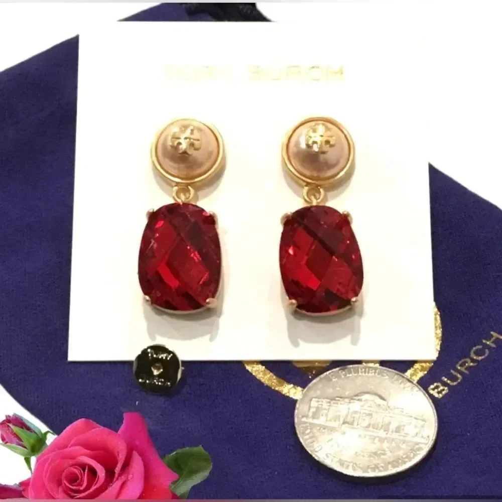 TORY BURCH KIRA LOGO RED RUBY CRYSTAL AND FAUX PEARL